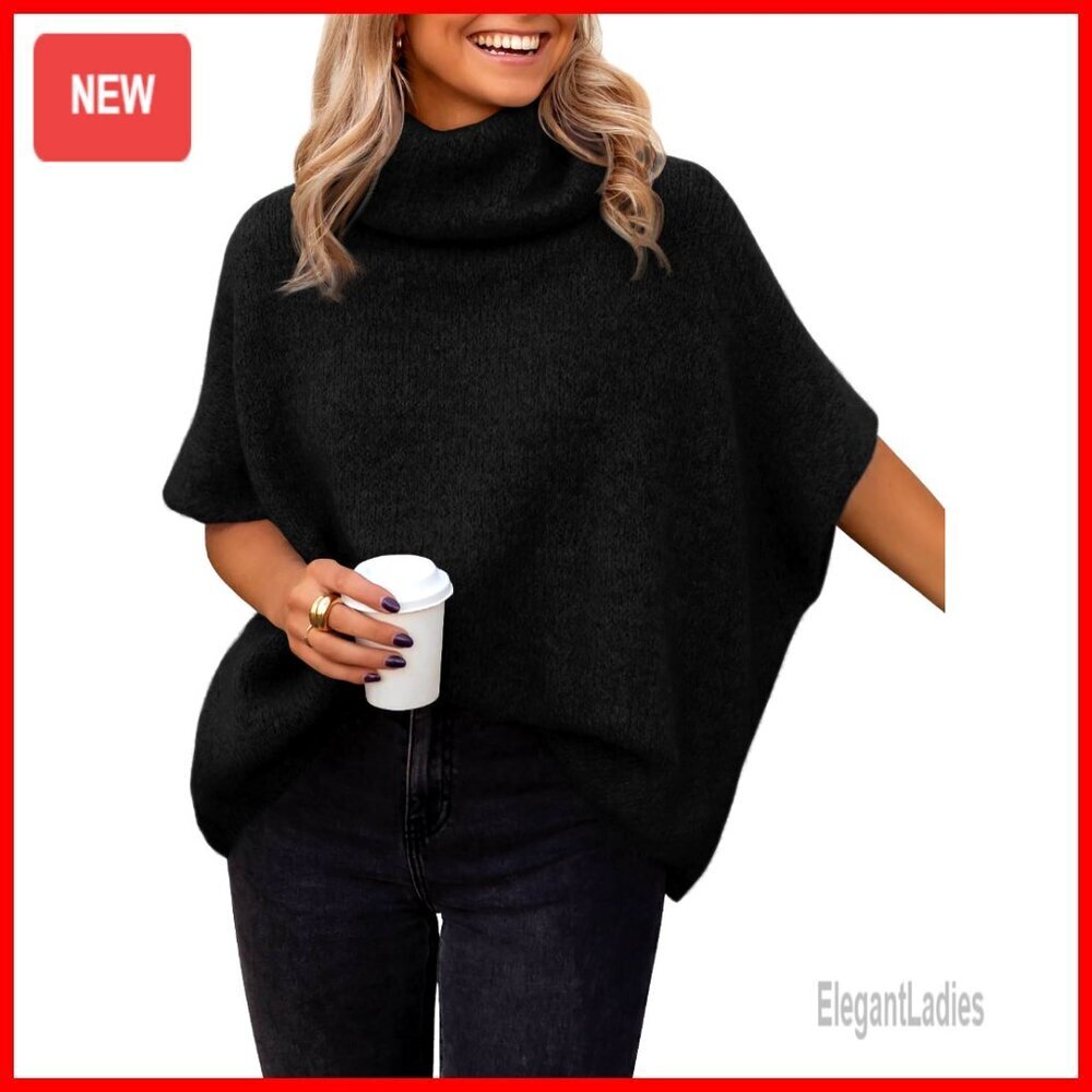 Oversized Mock Turtleneck Sweater Batwing Sleeves Cozy Pullover Fall Winter